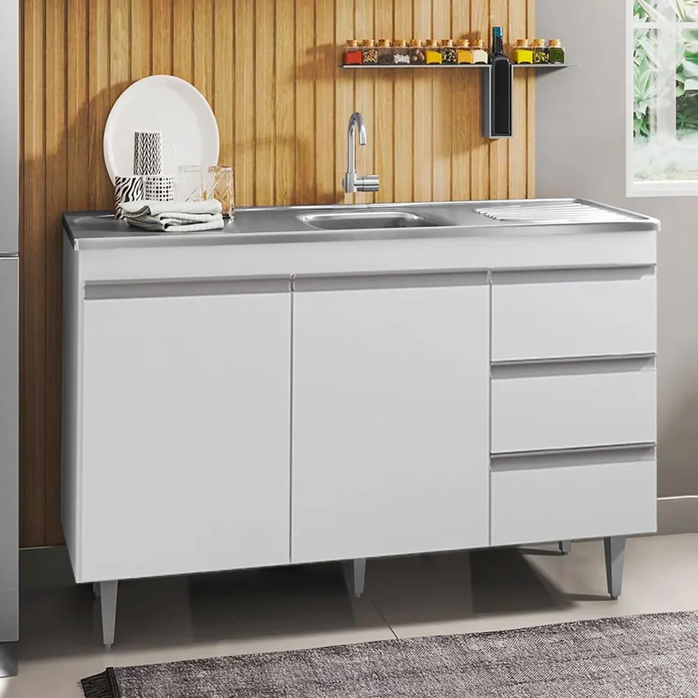 Balcão de Cozinha Com Pia Inox 100cm 3 Gavetas Andréia Branco - AJL Móveis