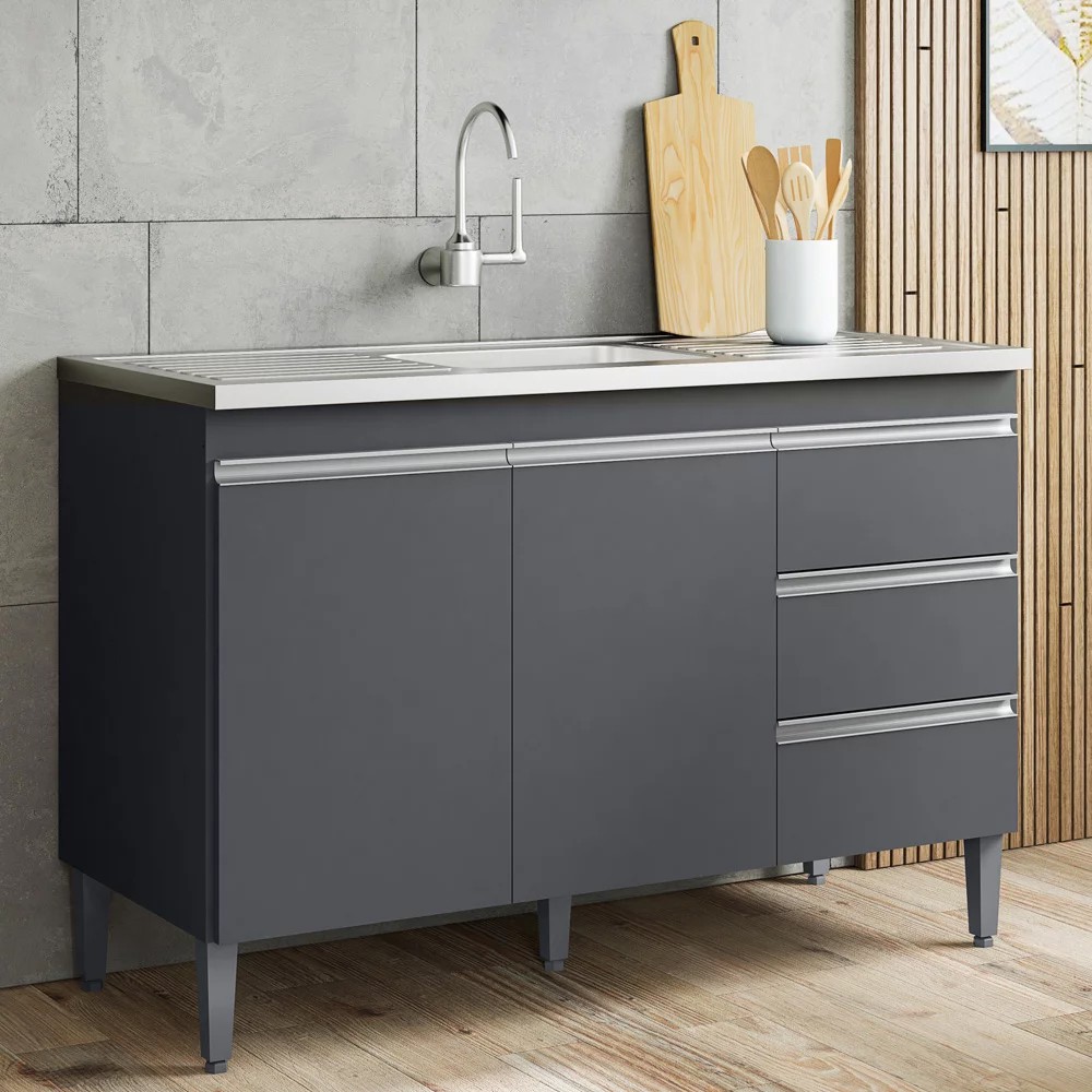 Balcão de Cozinha Com Pia Inox 100cm 3 Gavetas Andréia Cinza - AJL Móveis