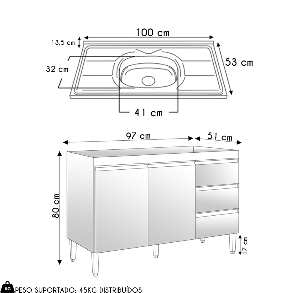 Balcão de Cozinha Com Pia Inox 100cm 3 Gavetas Andréia Cinza - AJL Móveis