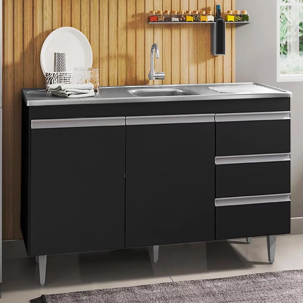 Balcão de Cozinha Com Pia Inox 100cm 3 Gavetas Andréia Preto - AJL Móveis