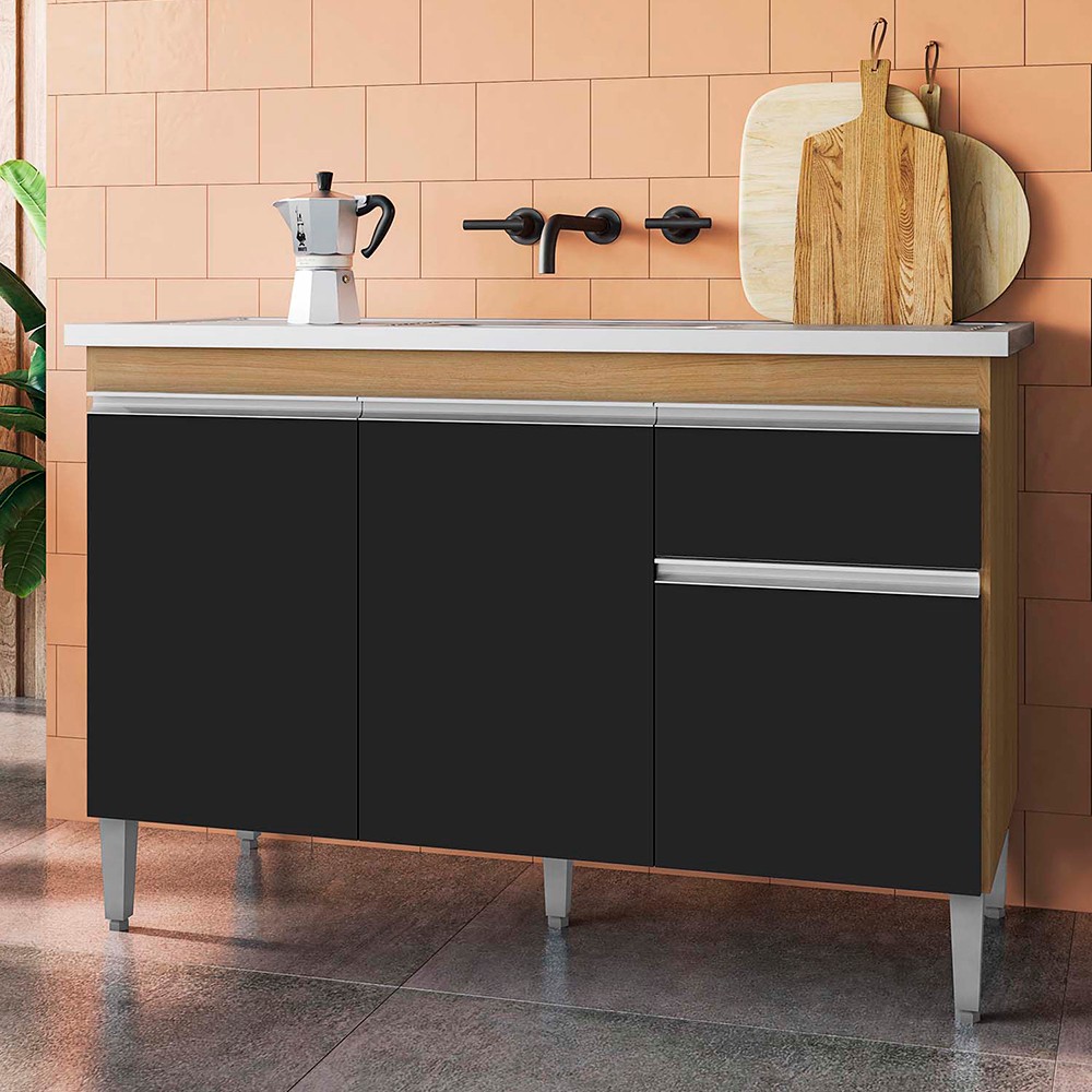Balcão de Cozinha Com Pia Inox 120cm 1 Gaveta Tatiane Amêndoa/Preto - AJL Móveis