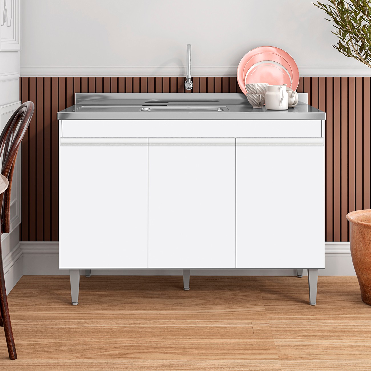 Balcão de Cozinha Com Pia Inox 120cm 3 Portas Manu Branco - AJL Móveis