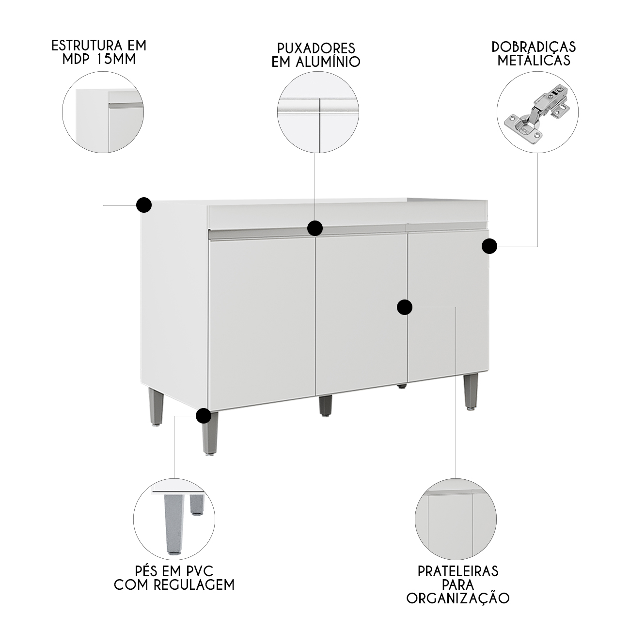 Balcão de Cozinha Com Pia Inox 120cm 3 Portas Manu Branco - AJL Móveis