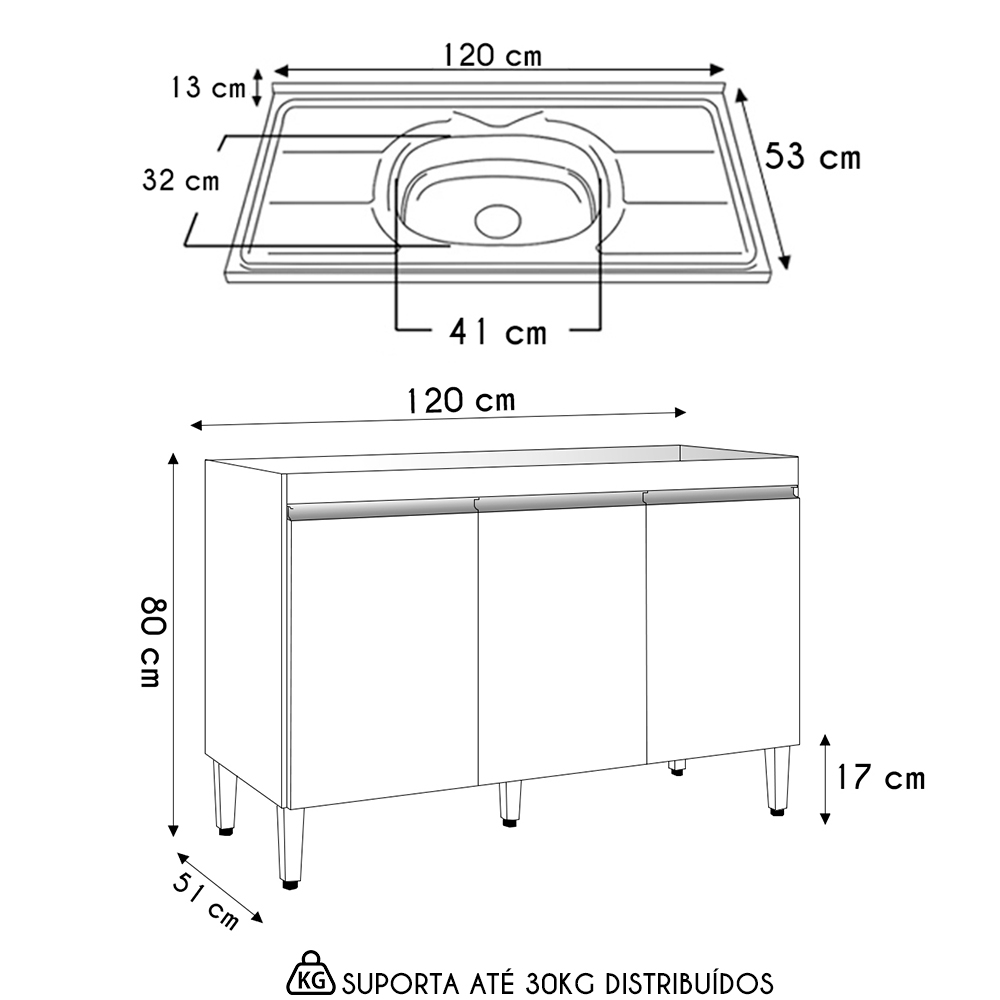 Balcão de Cozinha Com Pia Inox 120cm 3 Portas Manu Branco - AJL Móveis