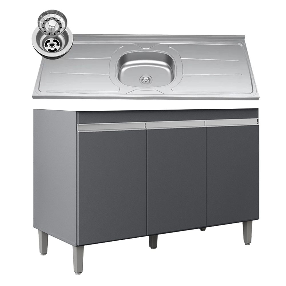 Balcão de Cozinha Com Pia Inox 120cm 3 Portas Manu Cinza - AJL Móveis