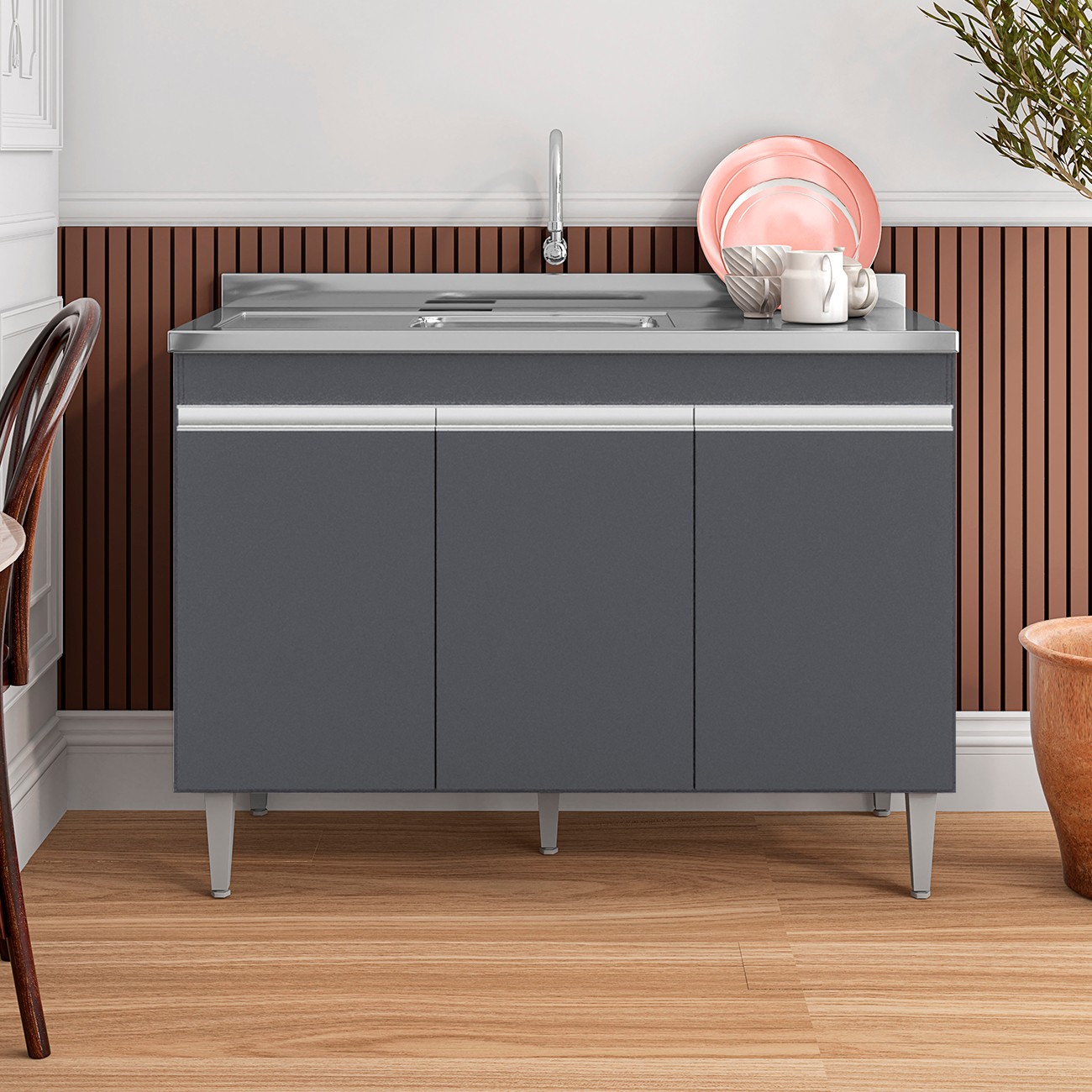 Balcão de Cozinha Com Pia Inox 120cm 3 Portas Manu Cinza - AJL Móveis