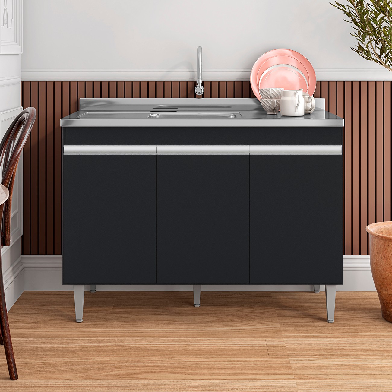 Balcão de Cozinha Com Pia Inox 120cm 3 Portas Manu Preto - AJL Móveis
