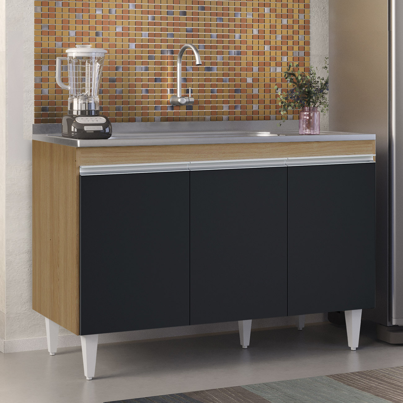 Balcão de Cozinha Com Pia Inox 120cm Manu Preto/Amêndoa - AJL Móveis
