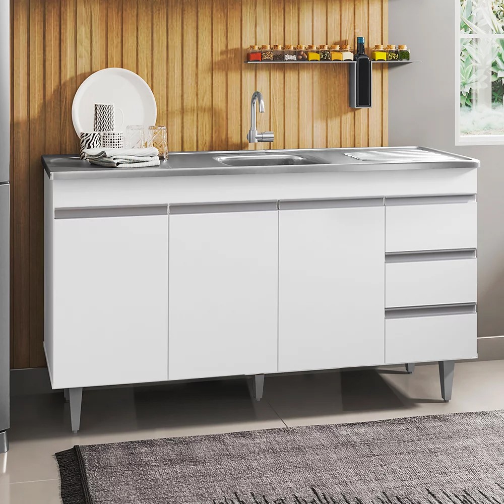 Balcão de Cozinha Com Pia Inox 160cm 3 Gavetas Andréia Branco - AJL Móveis