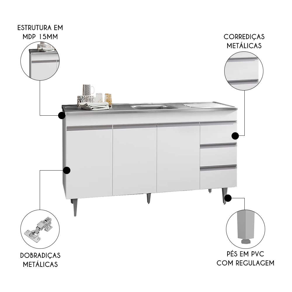 Balcão de Cozinha Com Pia Inox 160cm 3 Gavetas Andréia Branco - AJL Móveis