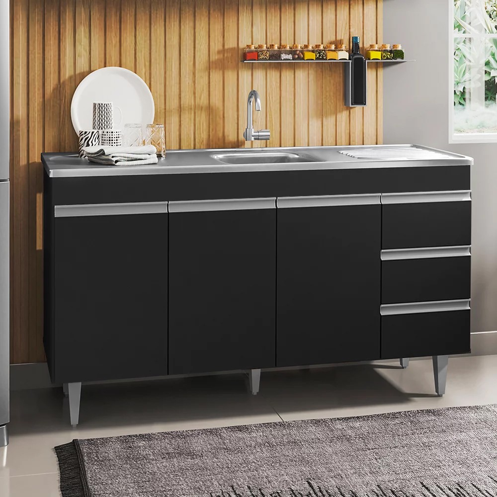 Balcão de Cozinha Com Pia Inox 160cm 3 Gavetas Andréia Preto - AJL Móveis