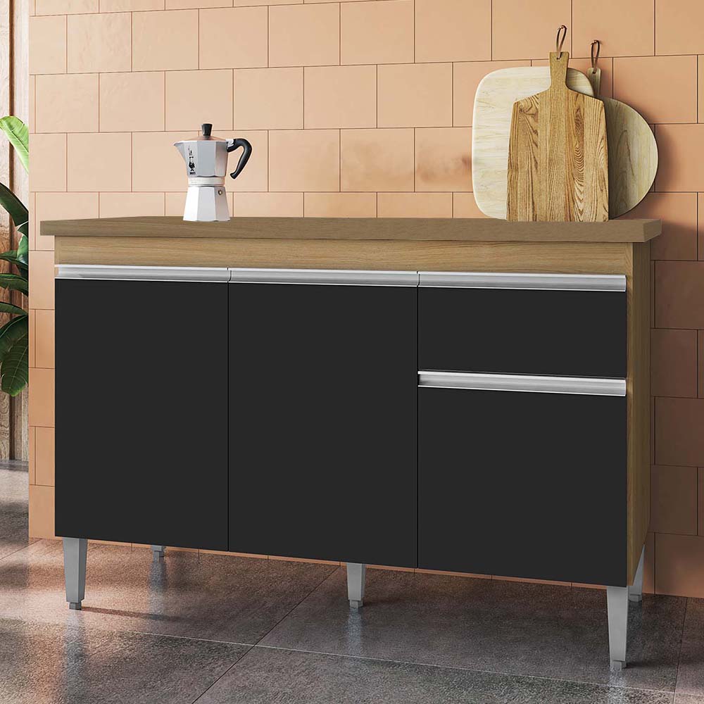 Balcão de Cozinha Com Tampo 120cm 1 Gaveta Tatiane Amêndoa/Preto - AJL Móveis