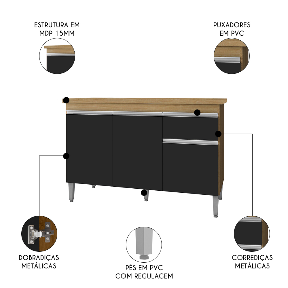 Balcão de Cozinha Com Tampo 120cm 1 Gaveta Tatiane Amêndoa/Preto - AJL Móveis