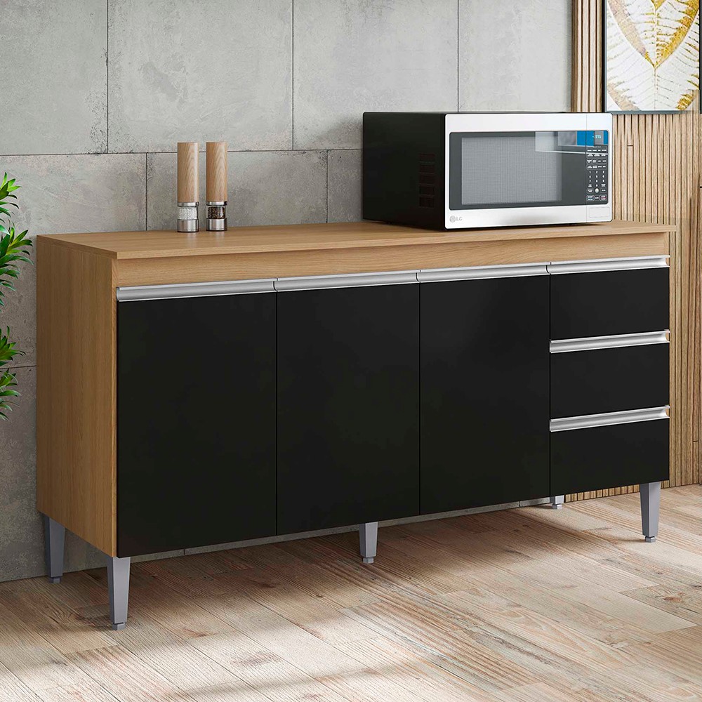 Balcão de Cozinha Com Tampo 150cm 3 Gavetas Andréia Amêndoa/Preto - AJL Móveis