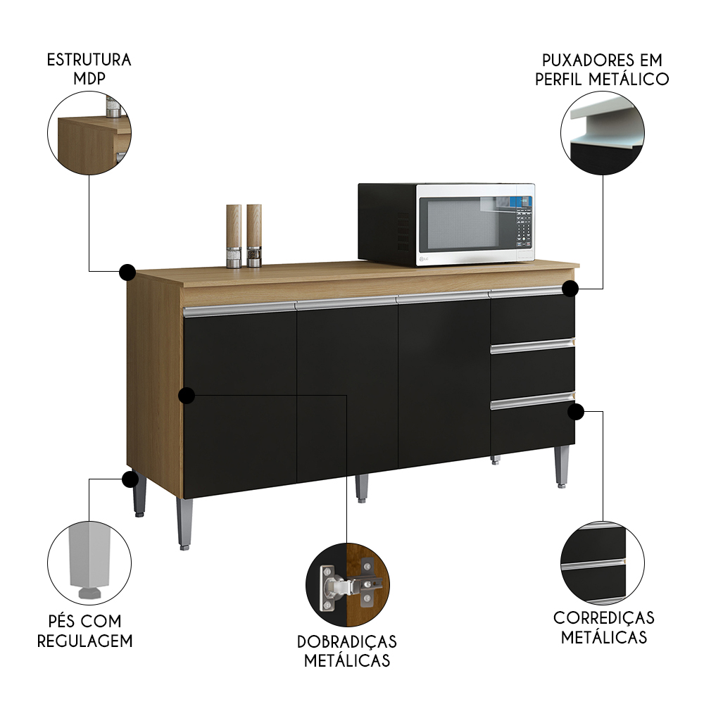Balcão de Cozinha Com Tampo 160cm 3 Gavetas Andréia Amêndoa/Preto - AJL Móveis