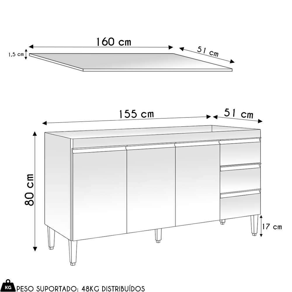 Balcão de Cozinha Com Tampo 160cm 3 Gavetas Andréia Amêndoa/Preto - AJL Móveis