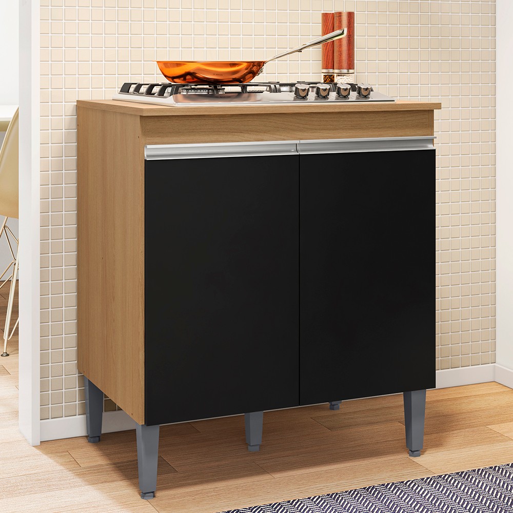 Balcão de Cozinha Para Cooktop Com Tampo Andréia Amêndoa/Preto - AJL Móveis
