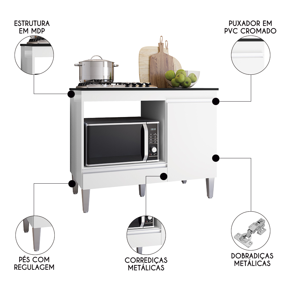 Balcão de Cozinha Para Cooktop e Forno Microondas Carla Branco - AJL Móveis