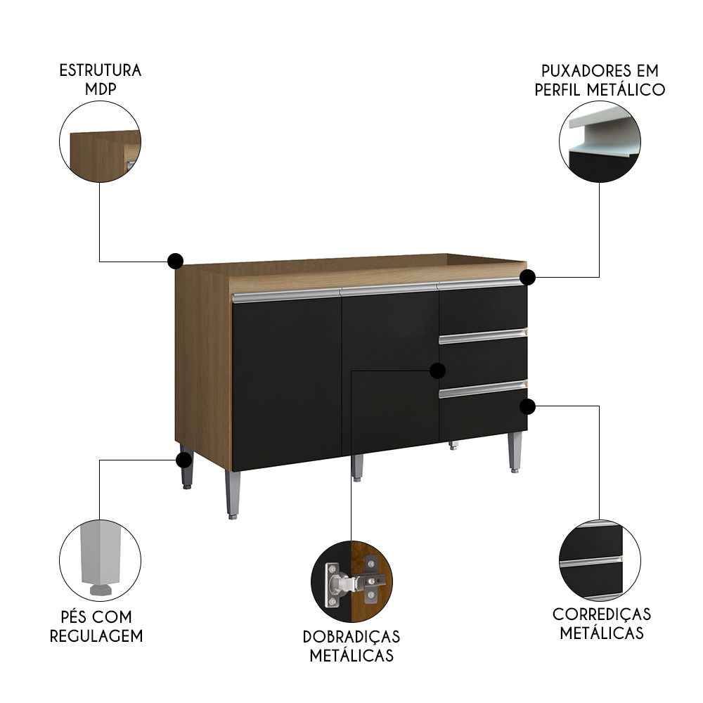 Balcão de Cozinha Para Pia 100cm 3 Gavetas Andréia Amêndoa/Preto - AJL Móveis