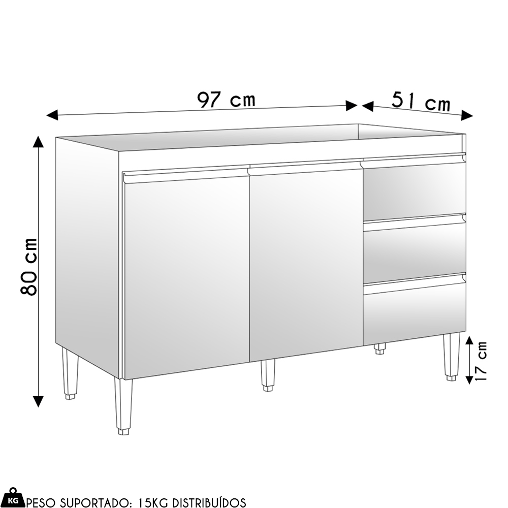 Balcão de Cozinha Para Pia 100cm 3 Gavetas Andréia Amêndoa/Preto - AJL Móveis