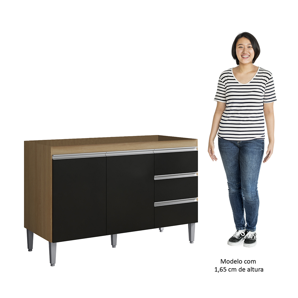 Balcão de Cozinha Para Pia 100cm 3 Gavetas Andréia Amêndoa/Preto - AJL Móveis