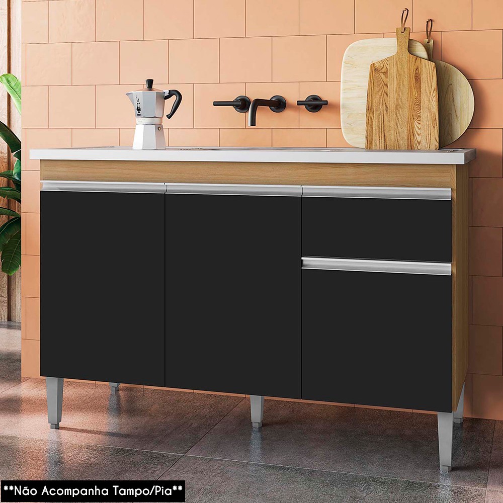 Balcão de Cozinha Para Pia 120cm 1 Gaveta Tatiane Amêndoa/Preto - AJL Móveis