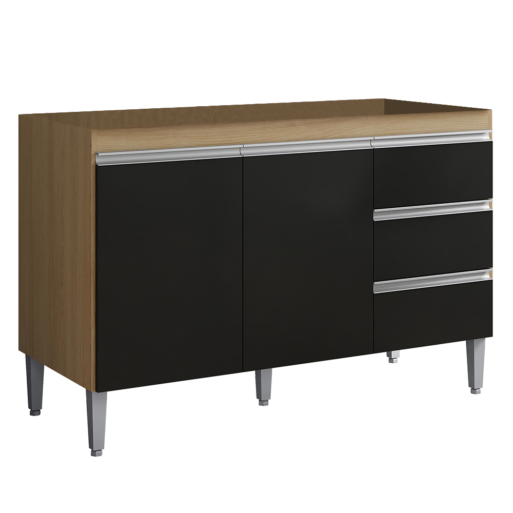 Balcão de Cozinha Para Pia 120cm 3 Gavetas Andréia Amêndoa/Preto - AJL Móveis