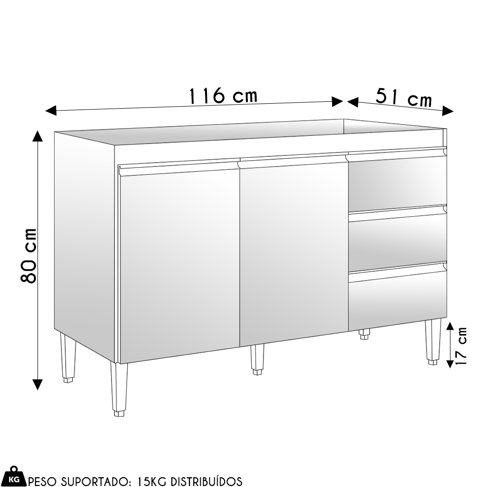 Balcão de Cozinha Para Pia 120cm 3 Gavetas Andréia Amêndoa/Preto - AJL Móveis