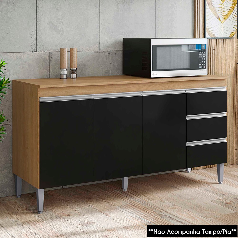 Balcão de Cozinha Para Pia 150cm 3 Gavetas Andréia Amêndoa/Preto - AJL Móveis