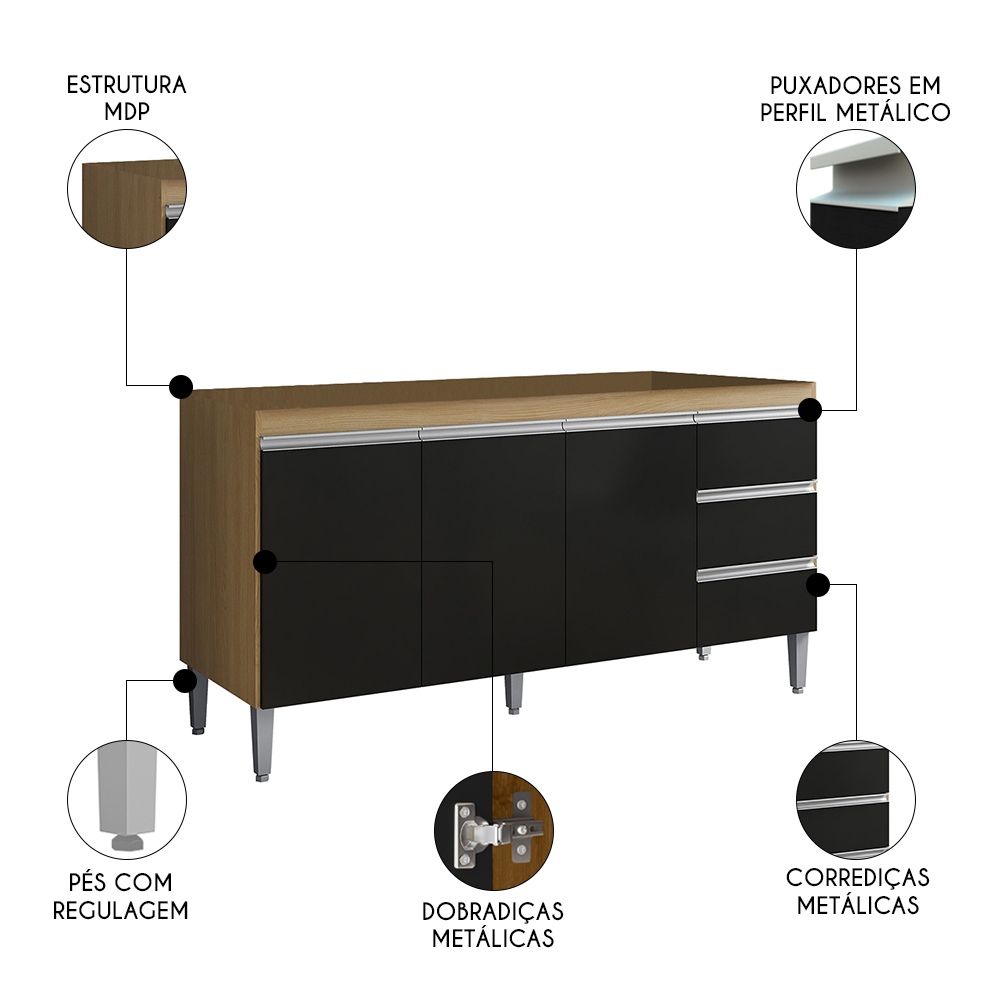 Balcão de Cozinha Para Pia 150cm 3 Gavetas Andréia Amêndoa/Preto - AJL Móveis