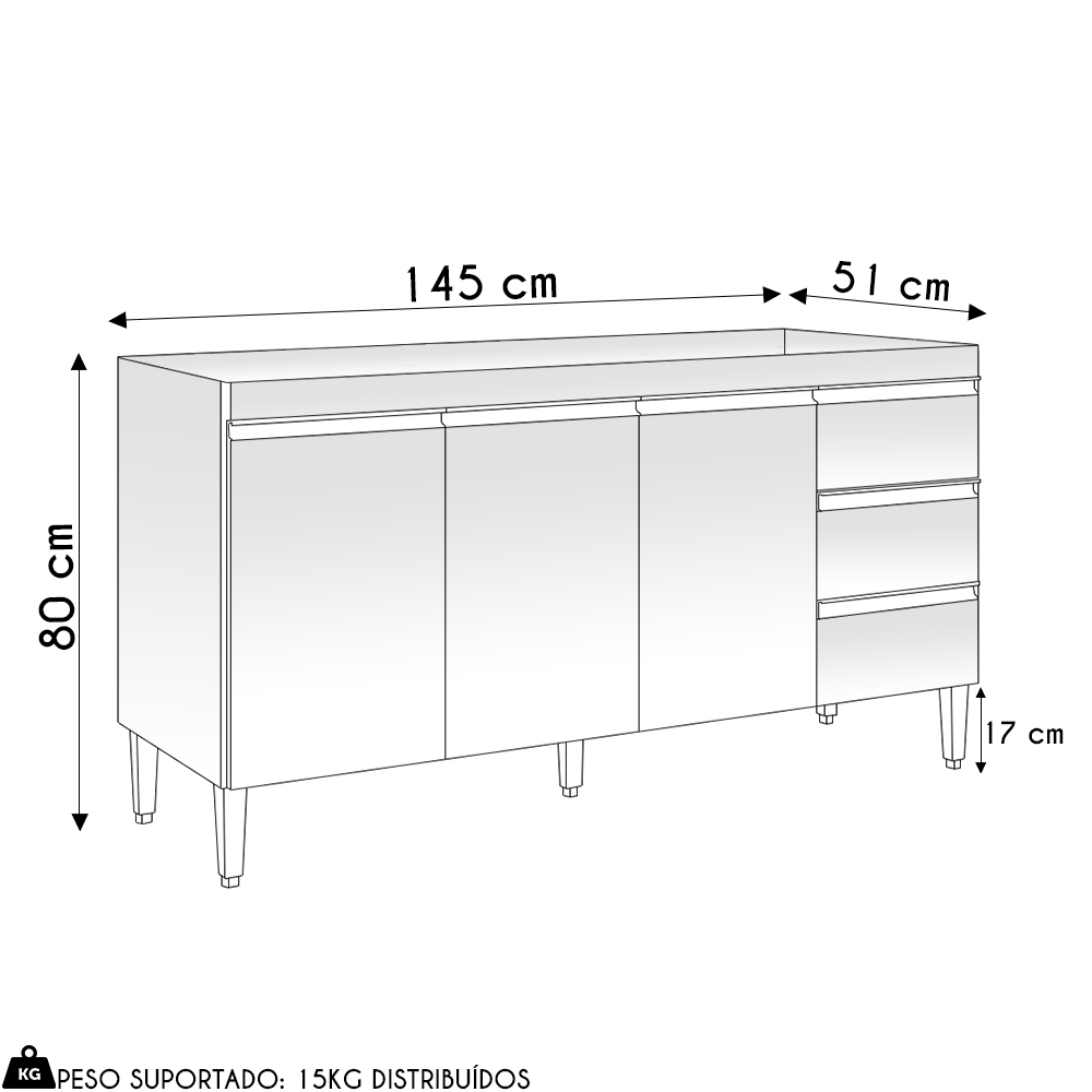 Balcão de Cozinha Para Pia 150cm 3 Gavetas Andréia Amêndoa/Preto - AJL Móveis