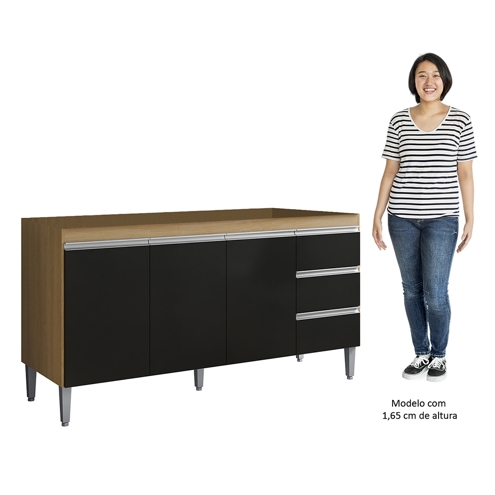 Balcão de Cozinha Para Pia 150cm 3 Gavetas Andréia Amêndoa/Preto - AJL Móveis