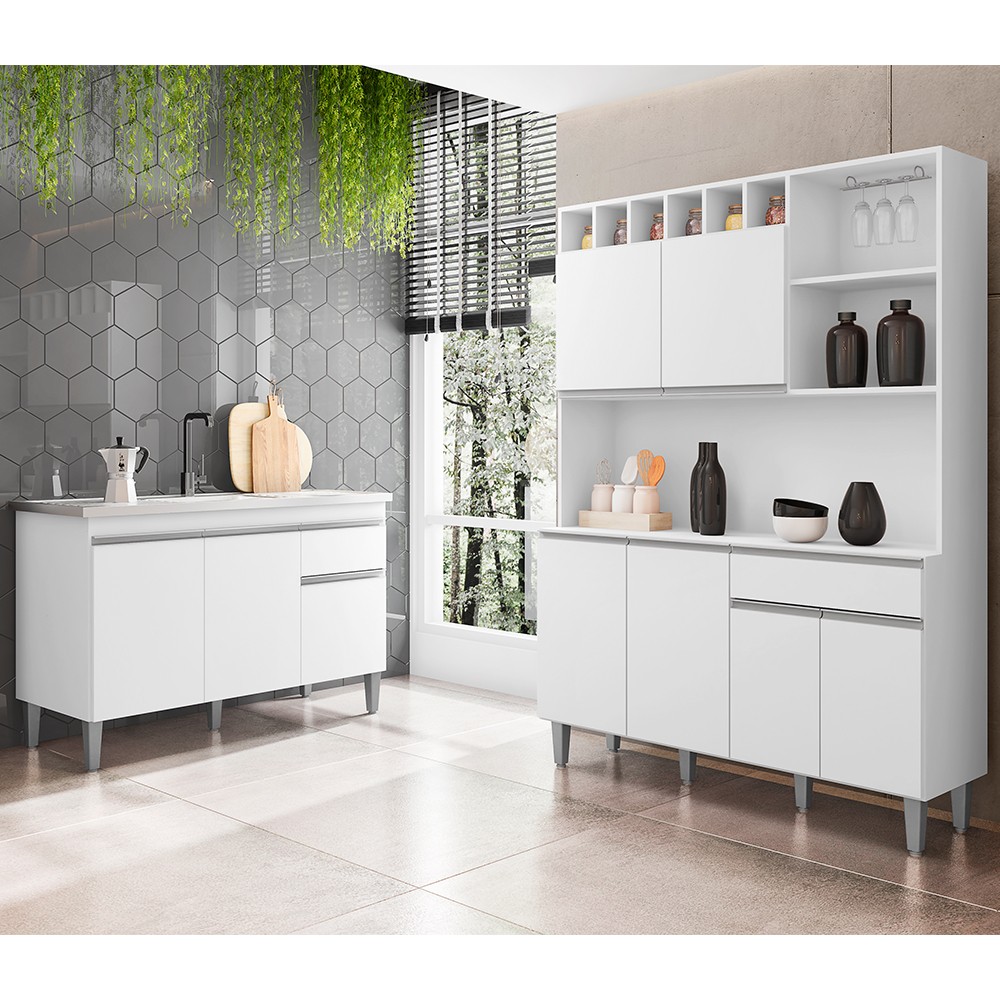Cozinha Compacta Alice e Balcão Gabinete Com Pia Tatiane 120cm Branco - AJL Móveis