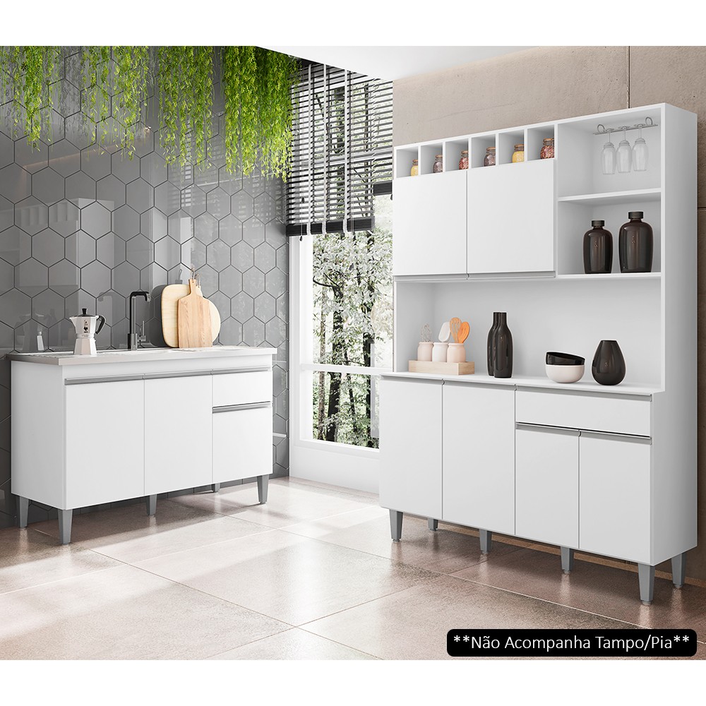 Cozinha Compacta Alice e Balcão Gabinete Sem Tampo Tatiane 120cm Branco - AJL Móveis