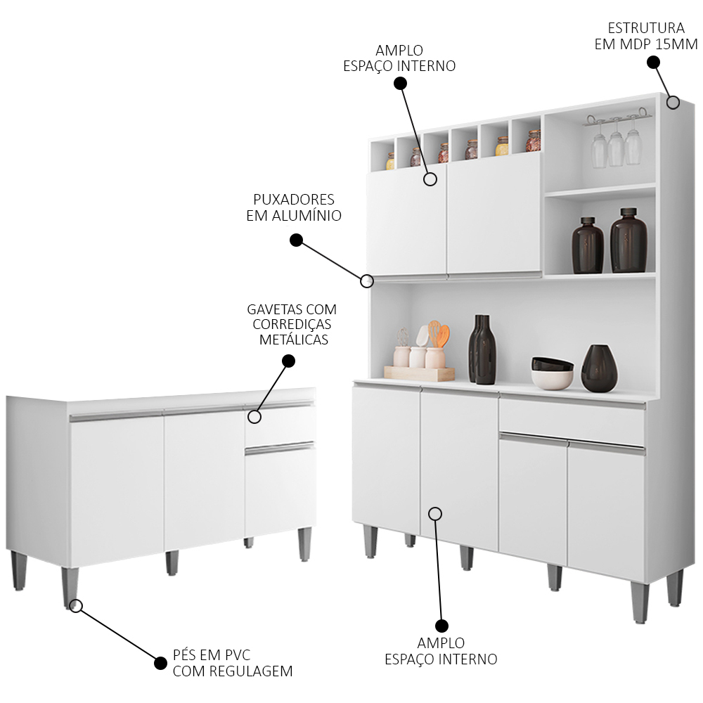 Cozinha Compacta Alice e Balcão Gabinete Sem Tampo Tatiane 120cm Branco - AJL Móveis