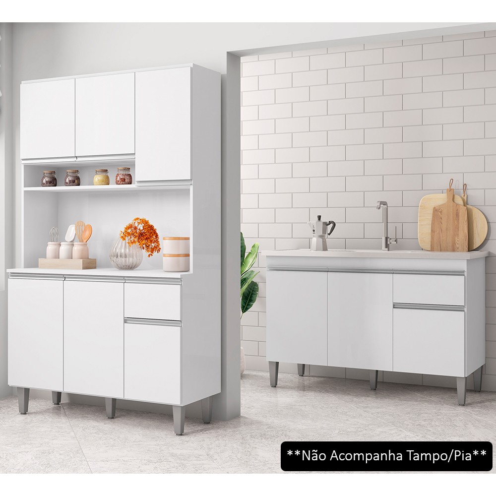 Cozinha Compacta Márcia e Balcão Gabinete Sem Tampo Tatiane 120cm Branco - AJL Móveis