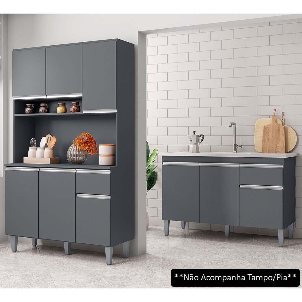Cozinha Compacta Márcia e Balcão Gabinete Sem Tampo Tatiane 120cm Cinza - AJL Móveis