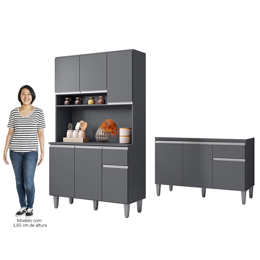Cozinha Compacta Márcia e Balcão Gabinete Sem Tampo Tatiane 120cm Cinza - AJL Móveis