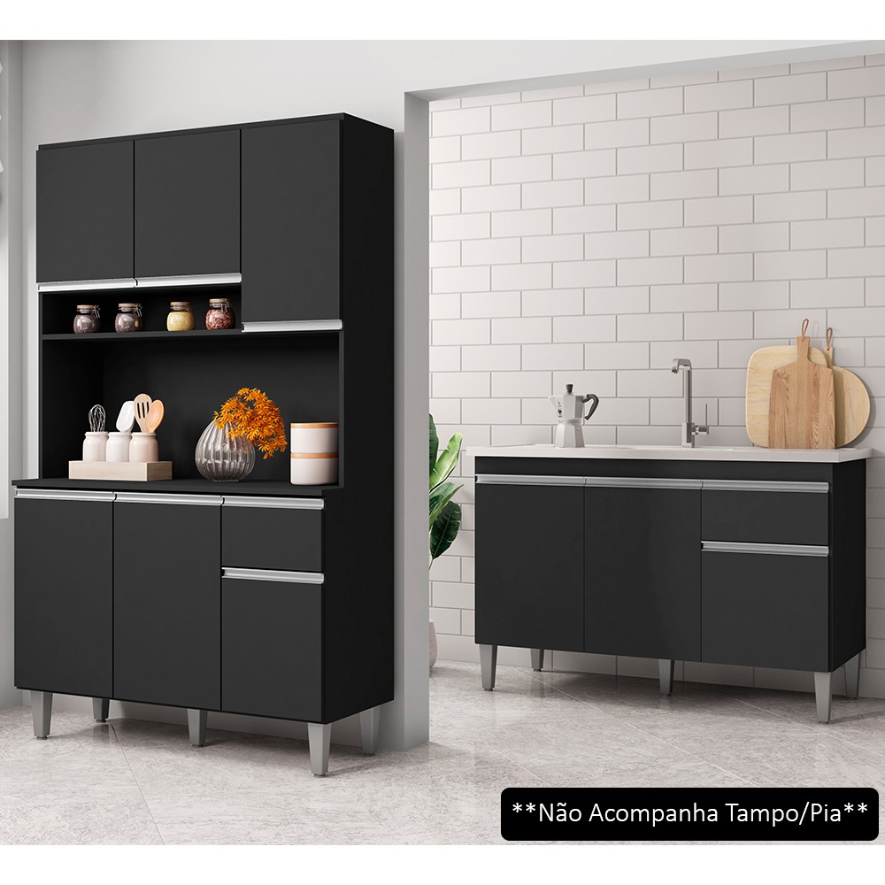 Cozinha Compacta Márcia e Balcão Gabinete Sem Tampo Tatiane 120cm Preto - AJL Móveis