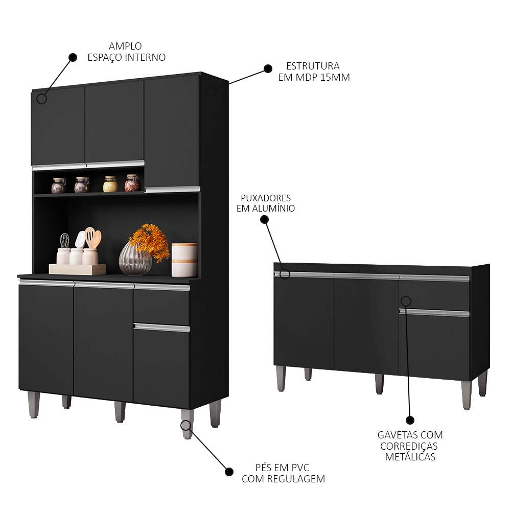 Cozinha Compacta Márcia e Balcão Gabinete Sem Tampo Tatiane 120cm Preto - AJL Móveis