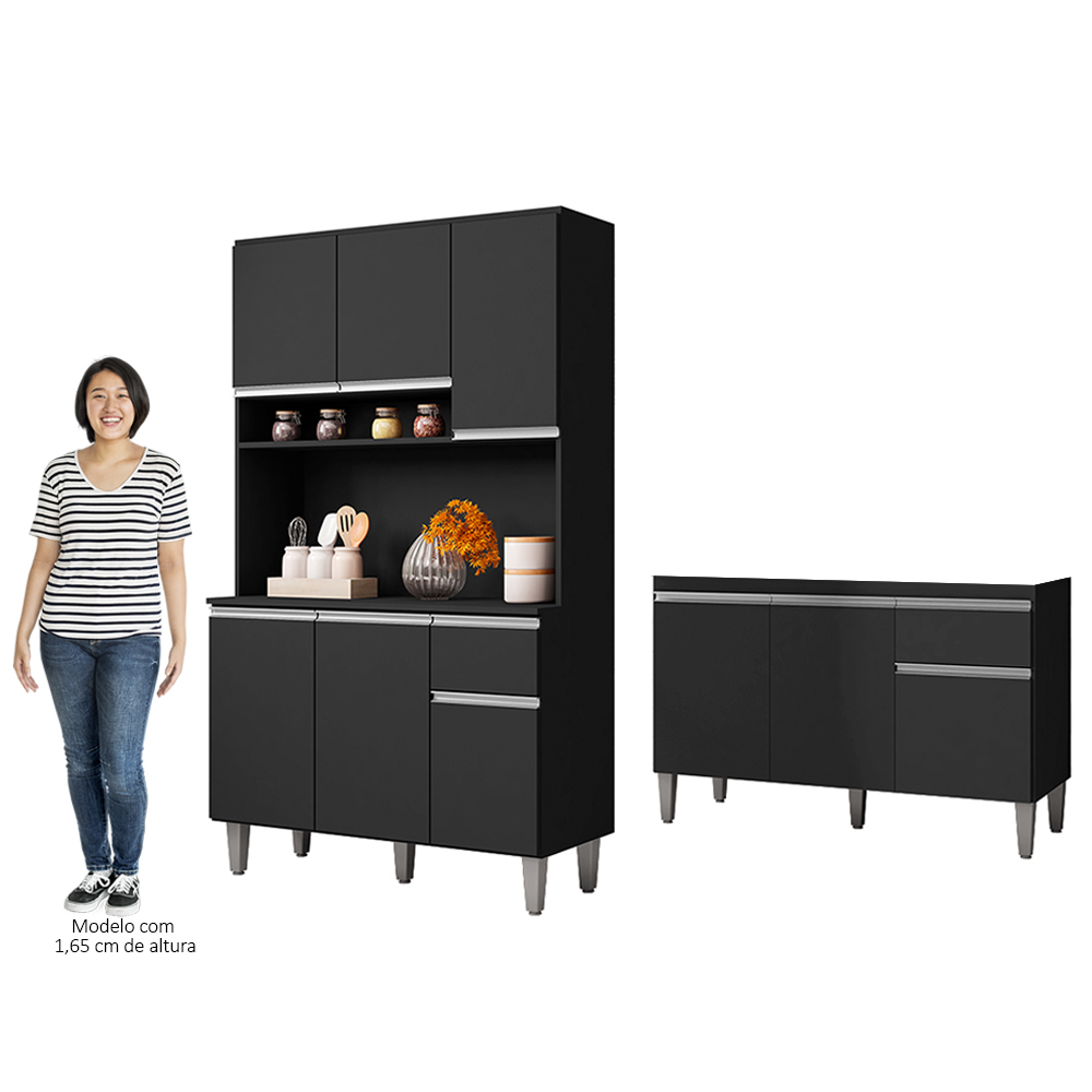 Cozinha Compacta Márcia e Balcão Gabinete Sem Tampo Tatiane 120cm Preto - AJL Móveis