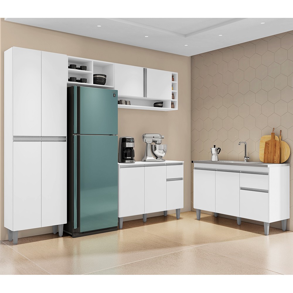 Cozinha Compacta Vanessa e Balcão Gabinete Com Pia Tatiane 120cm Branco - AJL Móveis