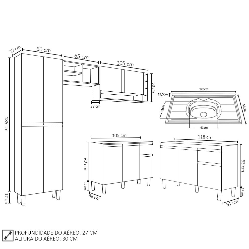 Cozinha Compacta Vanessa e Balcão Gabinete Com Pia Tatiane 120cm Branco - AJL Móveis
