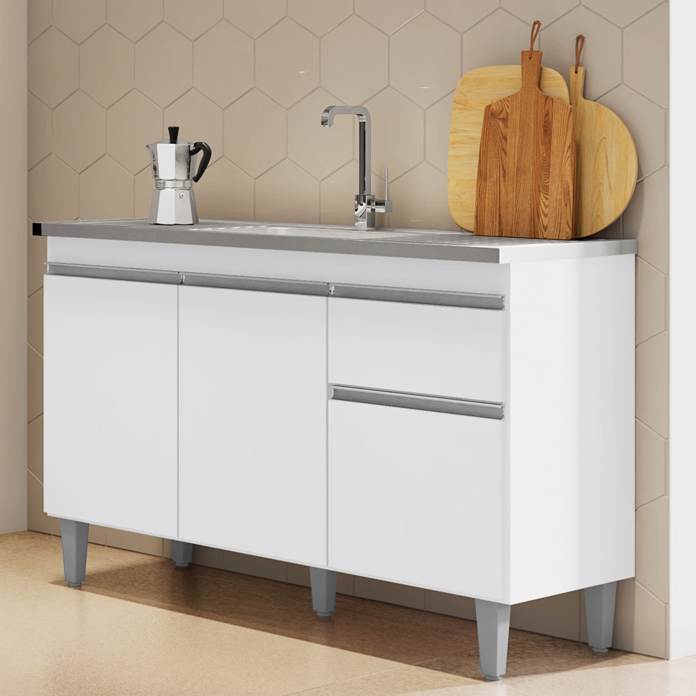 Cozinha Compacta Vanessa e Balcão Gabinete Com Pia Tatiane 120cm Branco - AJL Móveis