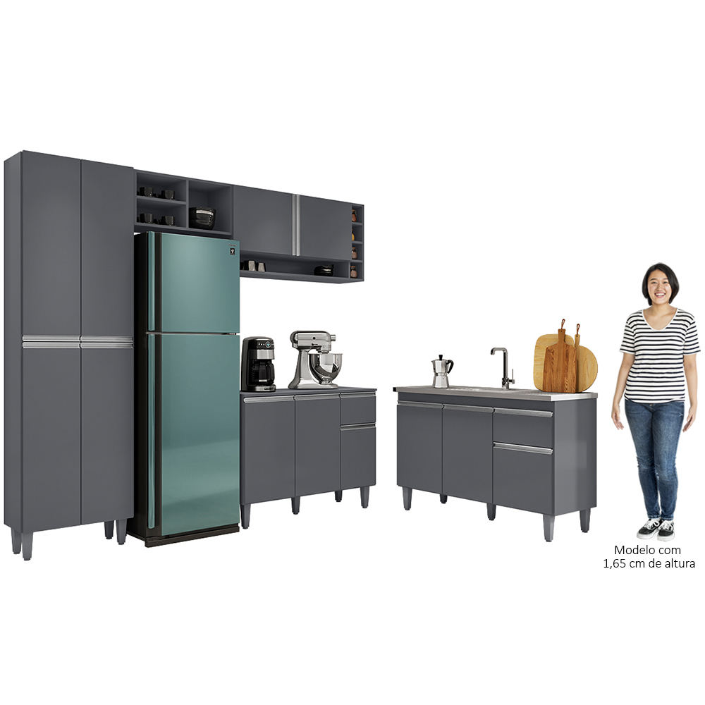Cozinha Compacta Vanessa e Balcão Gabinete Com Pia Tatiane 120cm Cinza - AJL Móveis