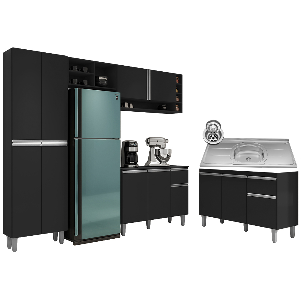 Cozinha Compacta Vanessa e Balcão Gabinete Com Pia Tatiane 120cm Preto - AJL Móveis