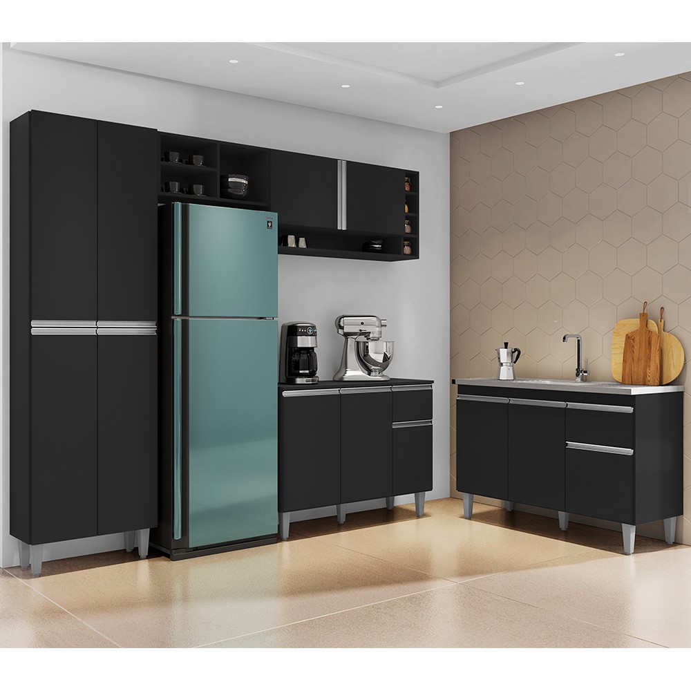 Cozinha Compacta Vanessa e Balcão Gabinete Com Pia Tatiane 120cm Preto - AJL Móveis