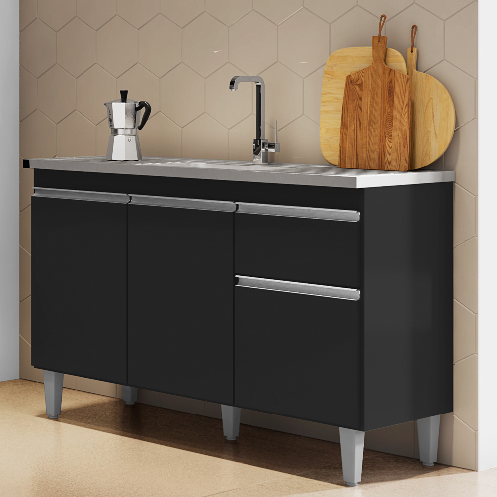 Cozinha Compacta Vanessa e Balcão Gabinete Com Pia Tatiane 120cm Preto - AJL Móveis