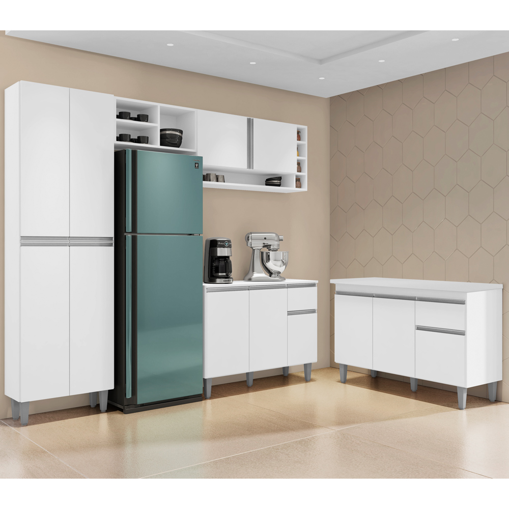 Cozinha Compacta Vanessa e Balcão Gabinete Com Tampo Tatiane 120cm Branco - AJL Móveis