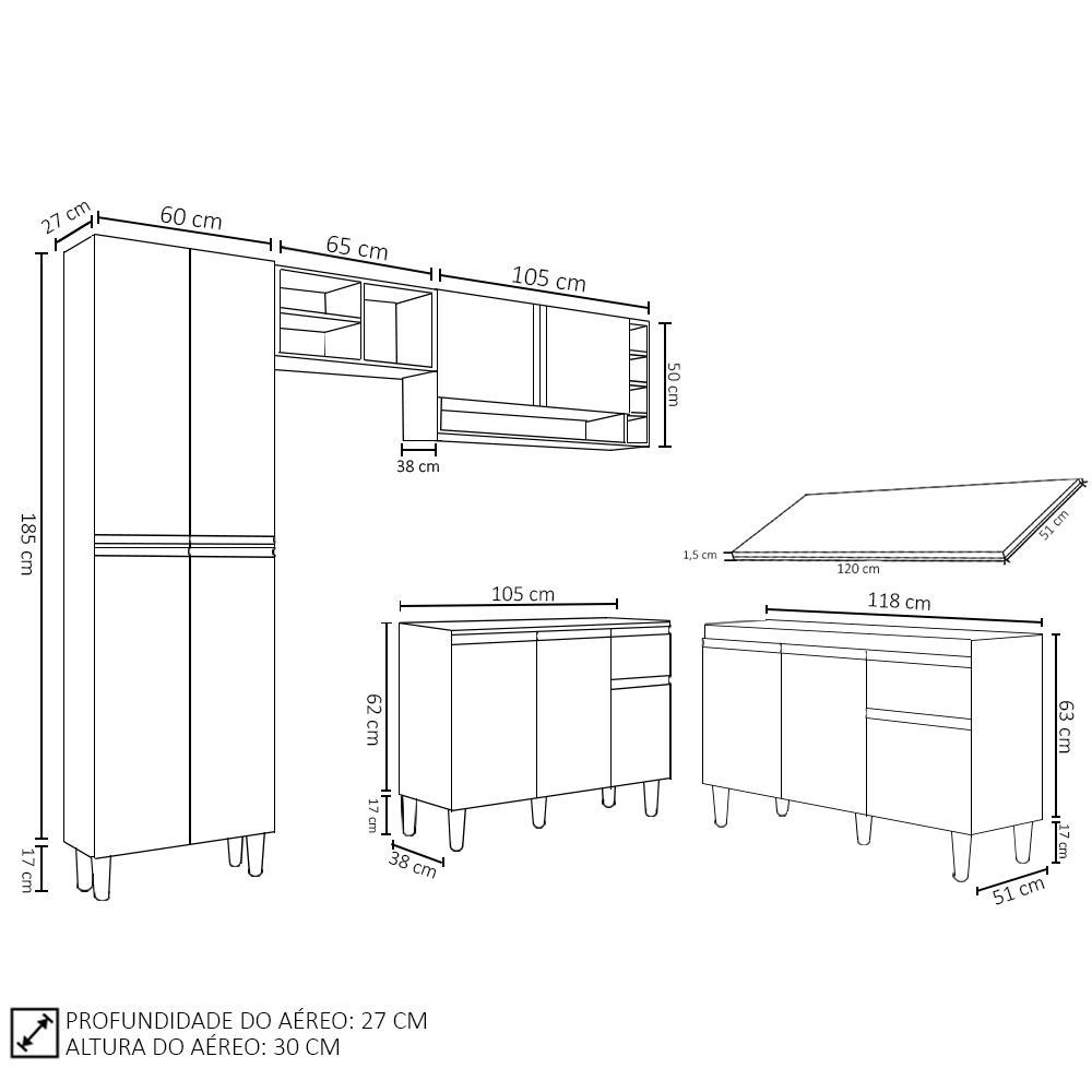 Cozinha Compacta Vanessa e Balcão Gabinete Com Tampo Tatiane 120cm Branco - AJL Móveis